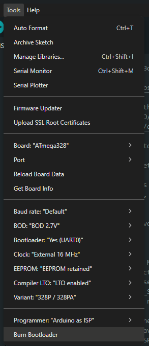 Klikneme na Burn Bootloader
